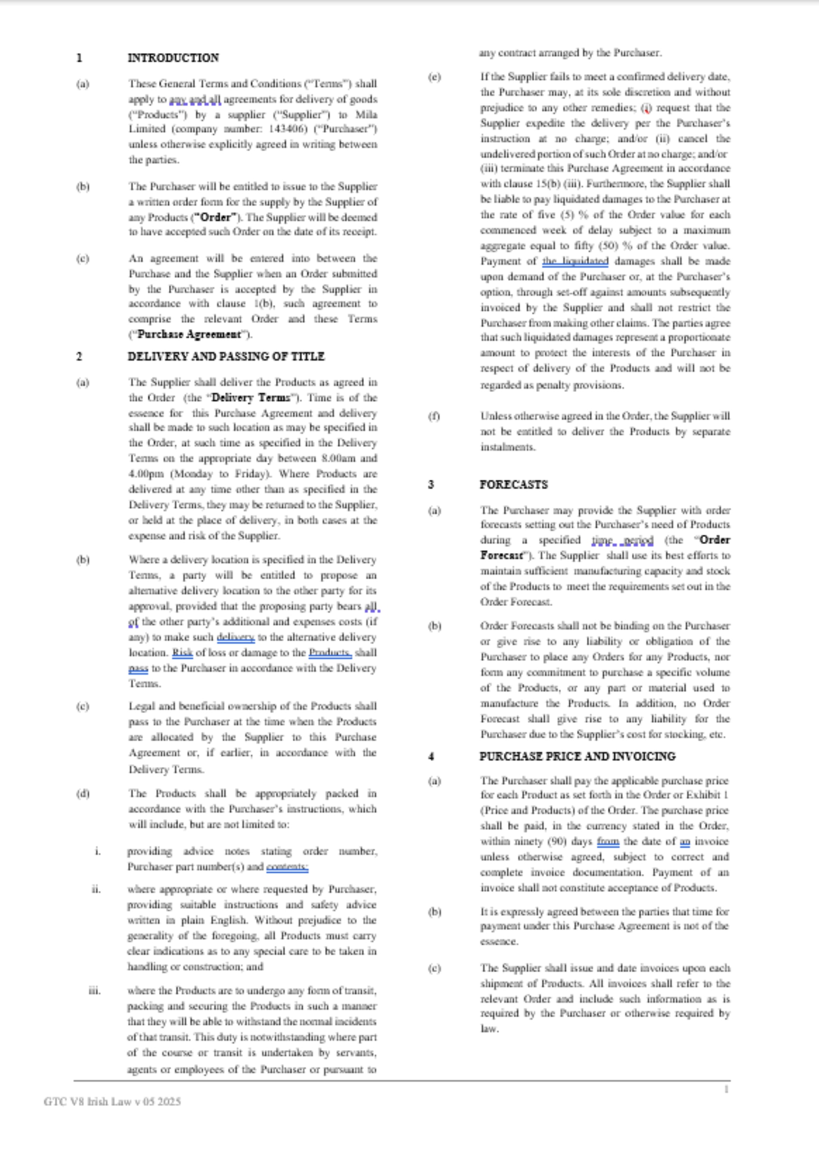 General Terms and Conditions for the supply of Products Mila Ireland Limited v05 2025